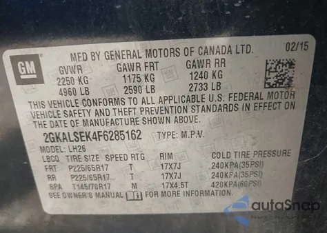 2015 GMC Terrain Slt-1 from USA, damaged, VIN 2GKALSEK4F6285162